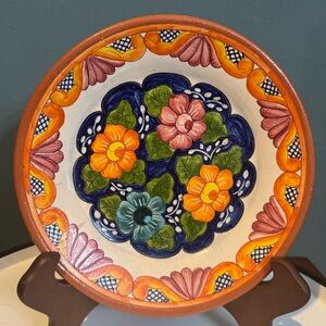 Hand Painted Orange And Blue Floral Redware Pottery Plate, Signed Clarisse 8.5”